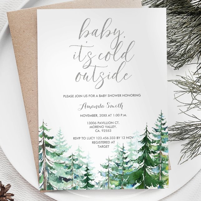 Invitation Aquarelle Pine Arbres Froid Dehors Baby shower (Créateur téléchargé)