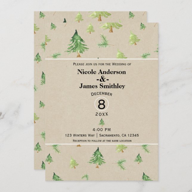 Invitation Aquarelle Pine Arbres Kraft Rustique Mariage d'hiv (Devant / Derrière)