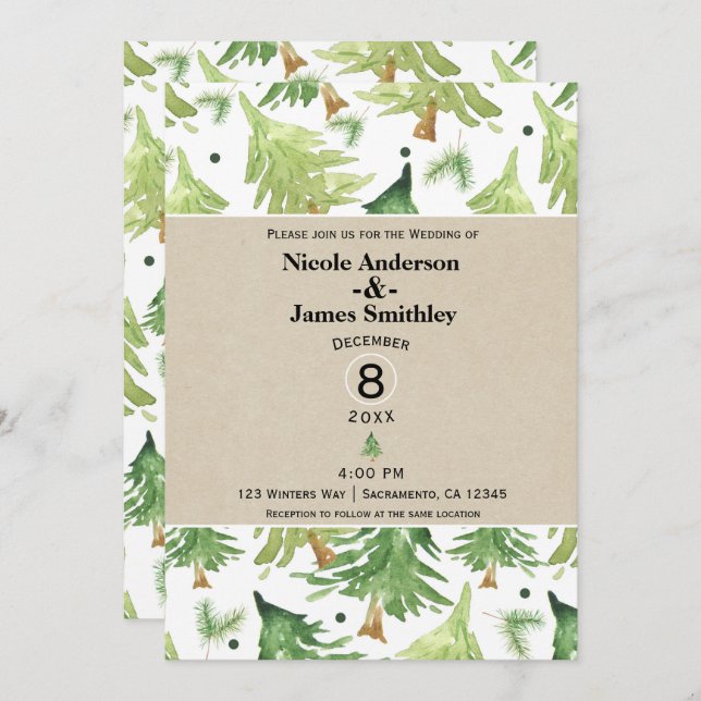 Invitation Aquarelle Pine Arbres Moderne Rustique Mariage Kra (Devant / Derrière)