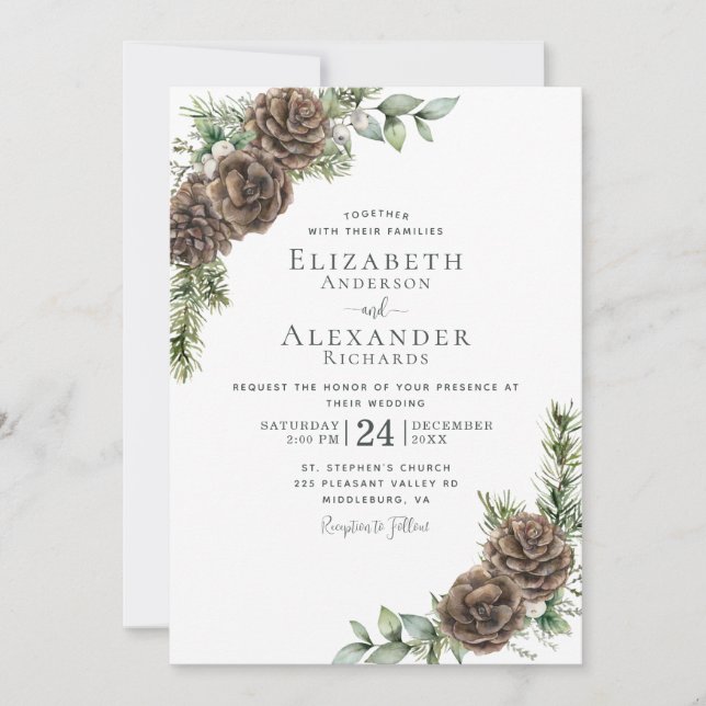 Invitation Aquarelle Pine Cône Verdure Mariage d'hiver (Devant)