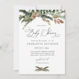 Invitation Aquarelle Pine Hiver Verdure Baby shower rustique