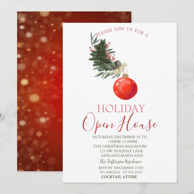 Invitation Aquarelle Pine Tree Branche, Boule Rouge Open Hous (Devant / Derrière)