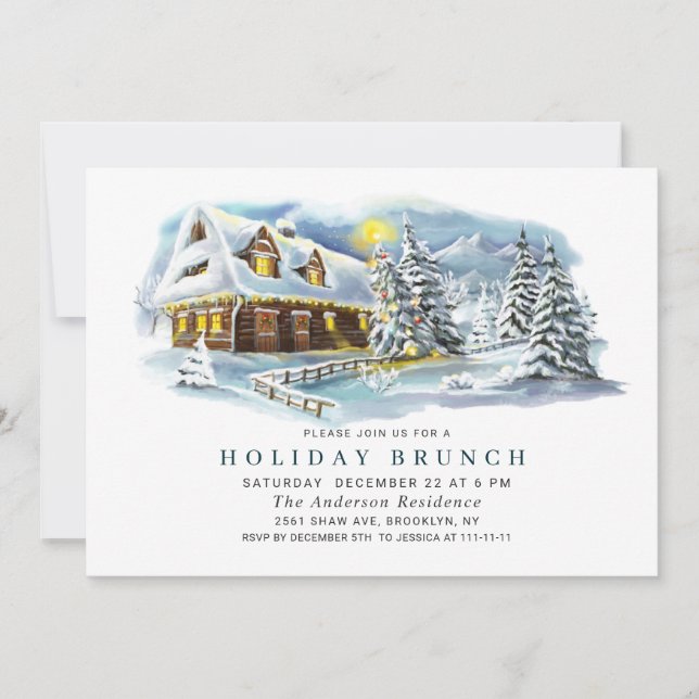 Invitation Aquarelle Pine Tree Chic Noël VACANCES BRUNCH (Devant)