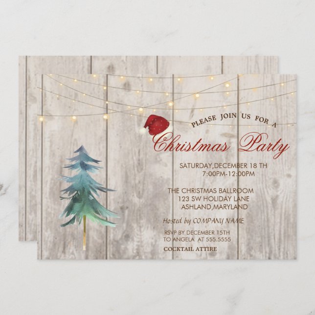 Invitation Aquarelle Pine Tree, Lumières Bois Noël (Devant / Derrière)