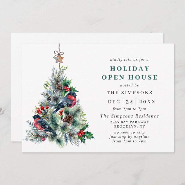 Invitation Aquarelle Pine Tree Noël Holiday Open House (Devant / Derrière)