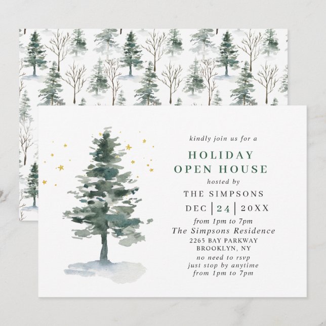Invitation Aquarelle Pine Tree Noël Holiday Open House (Devant / Derrière)