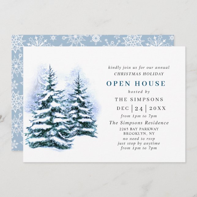 Invitation Aquarelle Pine Tree Noël Holiday Open House (Devant / Derrière)