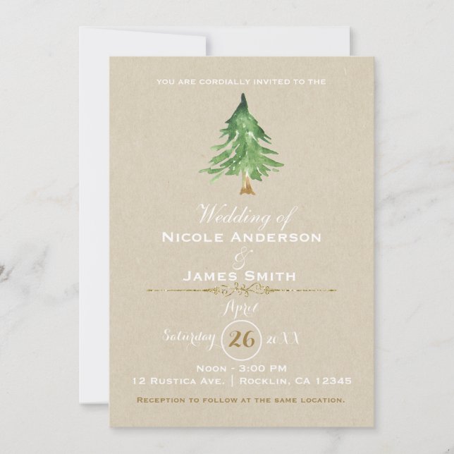 Invitation Aquarelle Pine Tree Rustique Kraft Mariage (Devant)