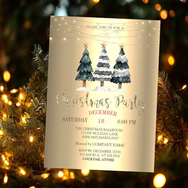 Invitation Aquarelle Pine Trees Gold Christmas Company (Créateur téléchargé)