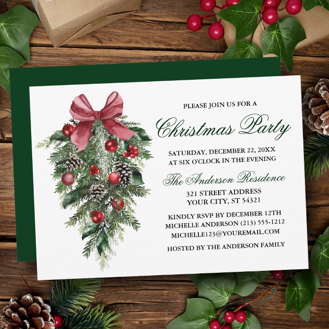 Invitation Aquarelle Pines Berries Bow Green Christmas Party (Customize to change text color, size, style or to change color of back of card.)