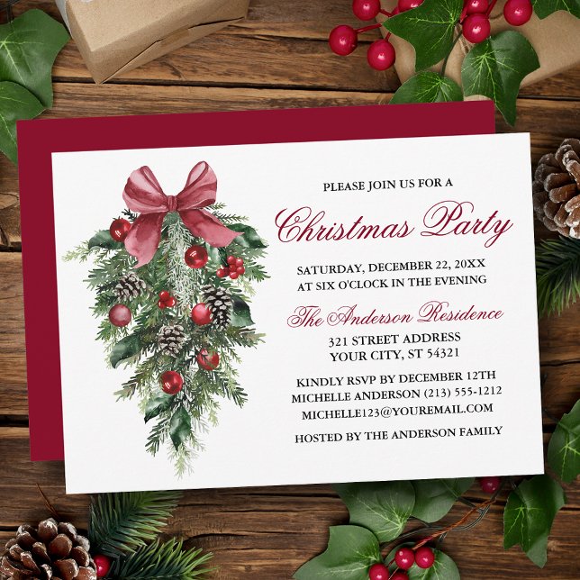 Invitation Aquarelle Pines Berries Bow Red Christmas Party (Customize to change text color, size, style or to change color of back of card.)