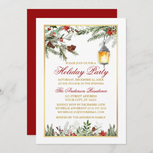 Invitation Aquarelle Pines Poinsettia Fête Gold