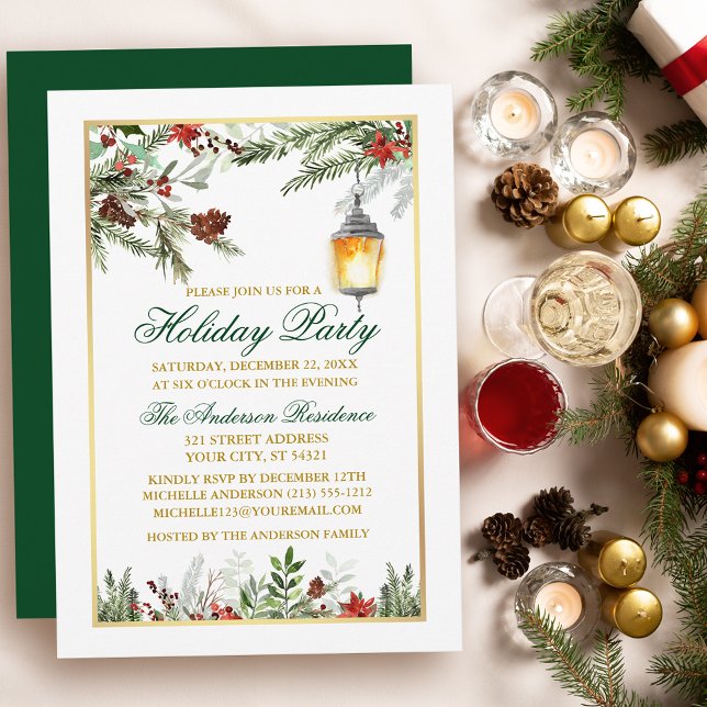 Invitation Aquarelle Pines Poinsettia Gold (Customize to change text size, text style or to change color of back of card.)