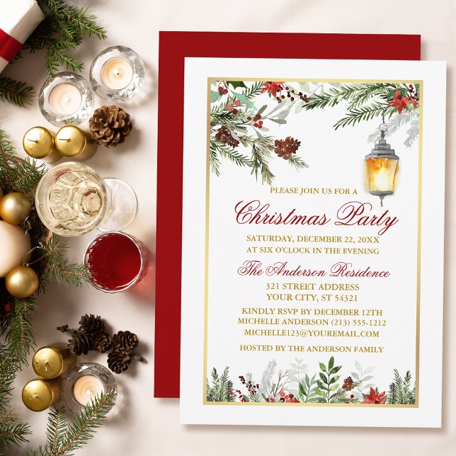 Invitation Aquarelle Pines Poinsettia Noël Party Gold (Customize to change text size, text style or to change color of back of card.)