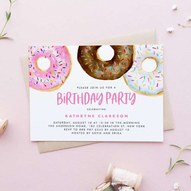 Invitation Aquarelle Pink and Chocolate Donuts Anniversaire (Créateur téléchargé)