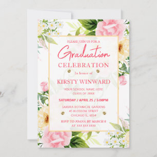 Invitation Aquarelle Pink and Yellow Flowers Graduation