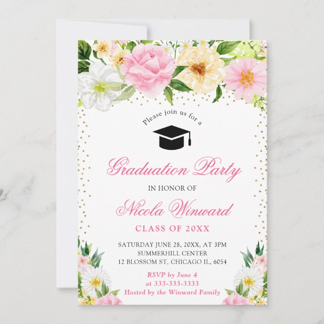Invitation Aquarelle Pink and Yellow Flowers Graduation (Devant)