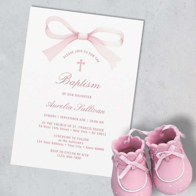 Invitation Aquarelle Pink Bow Baptism (Créateur téléchargé)