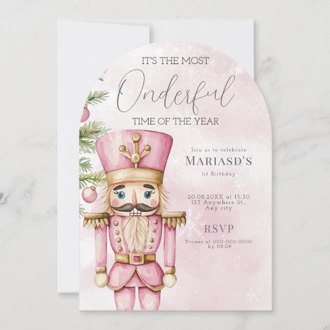 Invitation aquarelle Pink Christmas Nutcracker 1er anniversai (Devant)