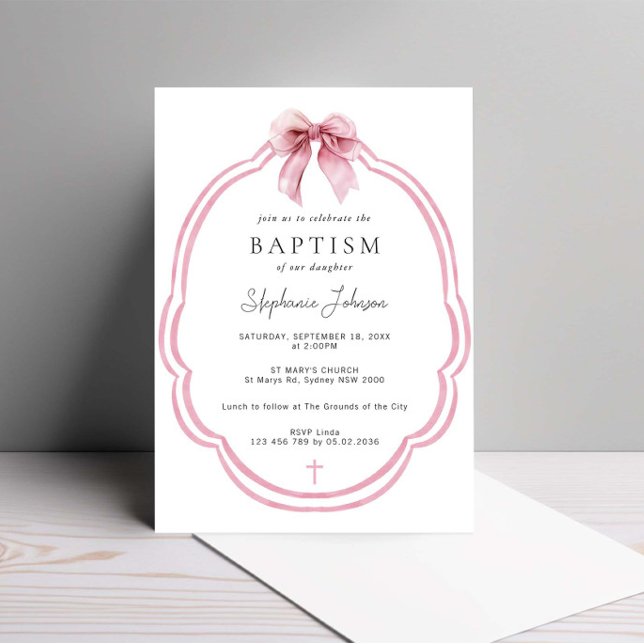 Invitation Aquarelle Pink Dainty Bow Ribbon Baptême (Créateur téléchargé)