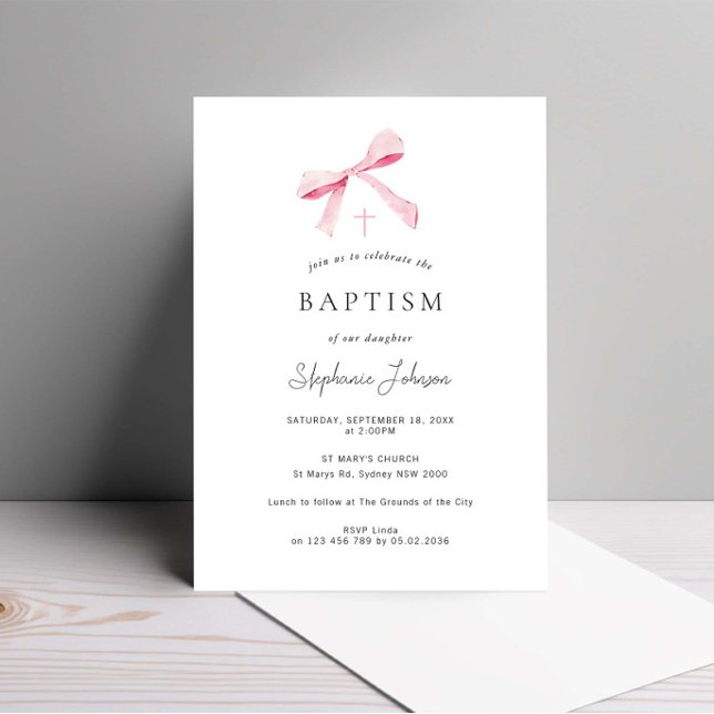 Invitation Aquarelle Pink Dainty Bow Ribbon Baptême (Créateur téléchargé)