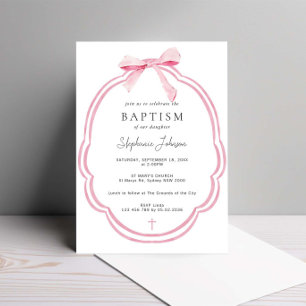 Invitation Aquarelle Pink Dainty Bow Ribbon Baptême
