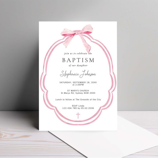 Invitation Aquarelle Pink Dainty Bow Ribbon Baptême (Créateur téléchargé)