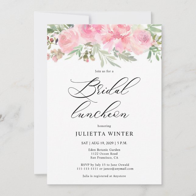 Invitation Aquarelle Pink Floral Bridal Luncheon (Devant)