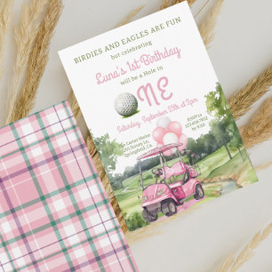 Invitation Aquarelle Pink Hole en un Golf 1er Anniversaire