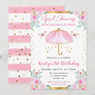 Invitation Aquarelle Pink Or Parapluie de printemps 21e anniv