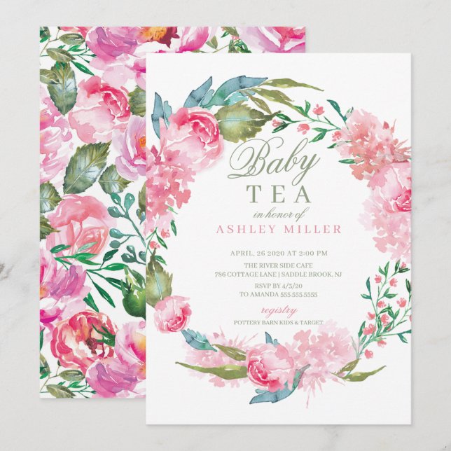 Invitation Aquarelle Pink Peonies Baby shower Thé (Devant / Derrière)