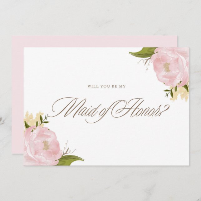 Invitation Aquarelle Pink Peonies Be My Maid of Honor Card (Devant / Derrière)