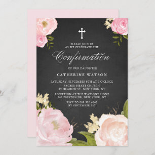 Invitation Aquarelle Pink Peonies Chalkboard Confirmation