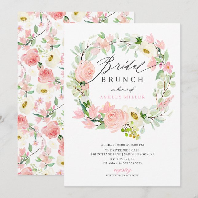 Invitation Aquarelle Pink Peonies Floral Bridal Brunch (Devant / Derrière)