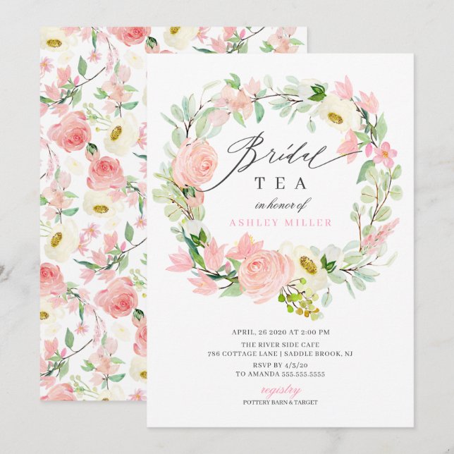 Invitation Aquarelle Pink Peonies Floral Fête des mariées Thé (Devant / Derrière)