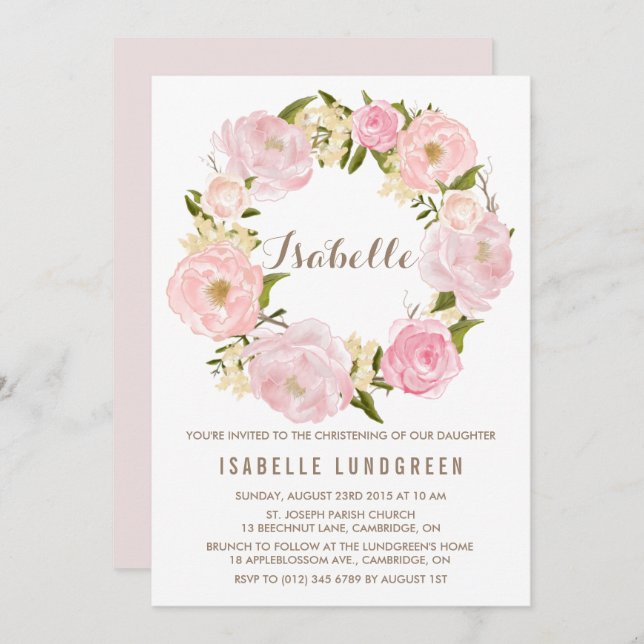 Invitation Aquarelle Pink Peonies Wreath Christening (Devant / Derrière)