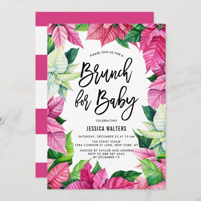 Invitation Aquarelle Pink Poinsettias Baby shower Brunch (Devant / Derrière)