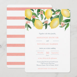 Invitation Aquarelle Pink & Yellow Lemons Citrus Mariage