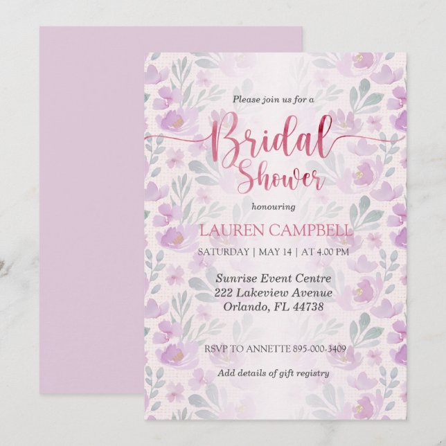 Invitation aquarelle pivoine rose et violette (Devant / Derrière)