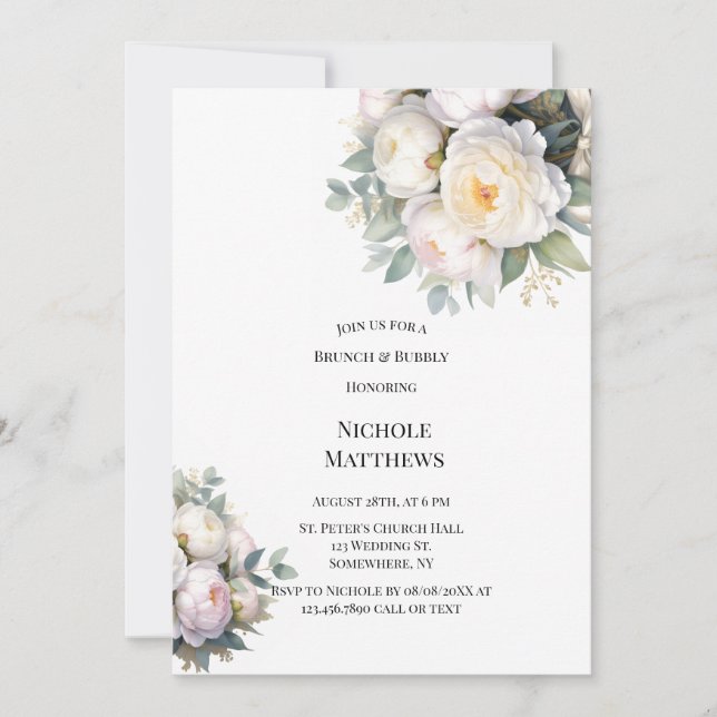 Invitation Aquarelle Pivoines blanches Brunch & Bulles (Devant)