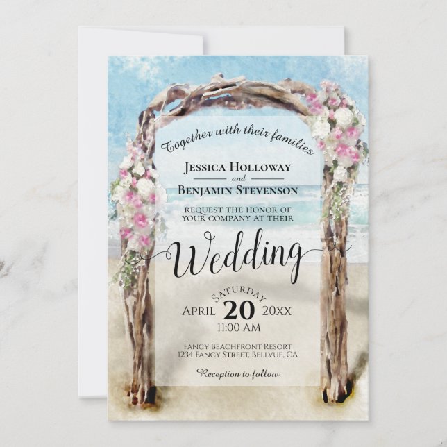 Invitation Aquarelle Plage Arbor rose & blanc Roses Mariage (Devant)