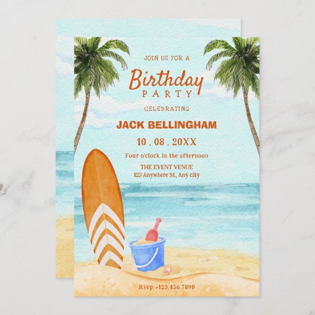 Invitation Aquarelle plage paradis anniversaire (Devant / Derrière)