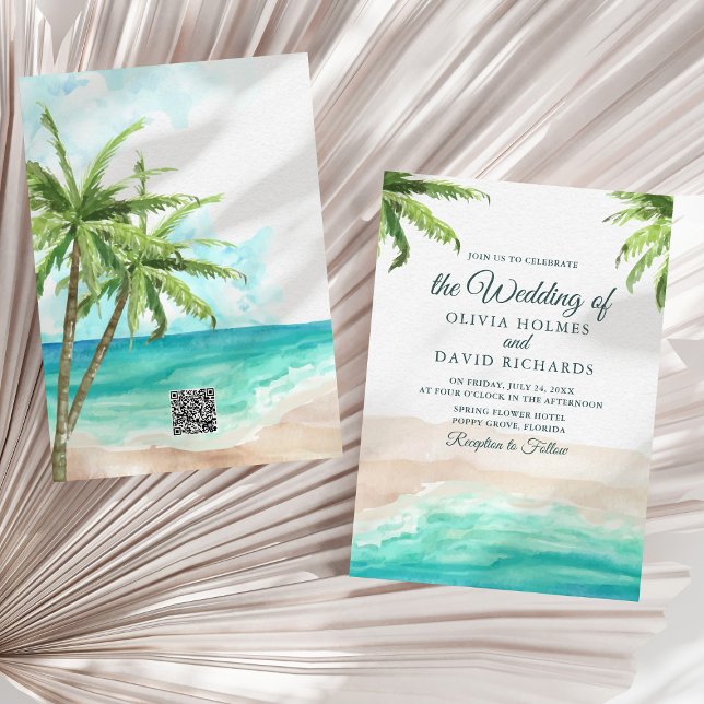 Invitation Aquarelle Plage Tropicale avec Code QR Mariage (Watercolor Tropical Beach with QR Code Wedding Invitation on a sunny neutral dry palm leaf.)