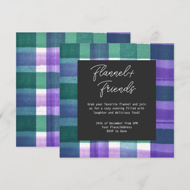 Invitation Aquarelle Plaid Flannel & Friends Christmas Party (Devant / Derrière)