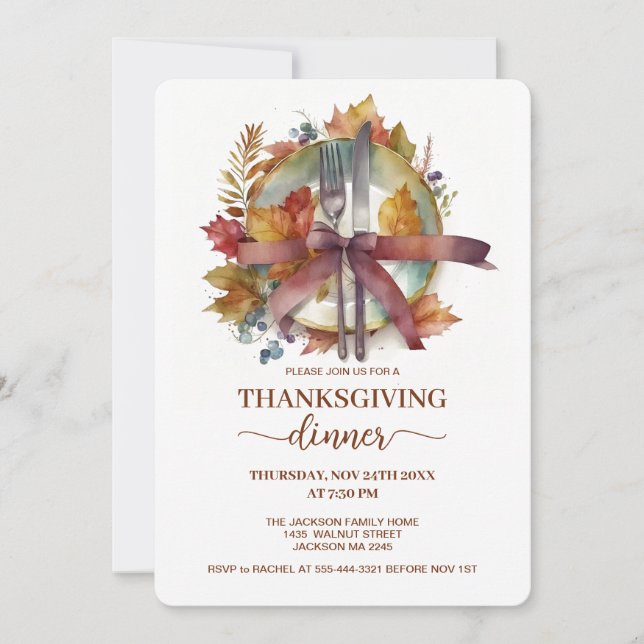 Invitation Aquarelle Plaque de chute Cutery Thanksgiving Dîne (Devant)