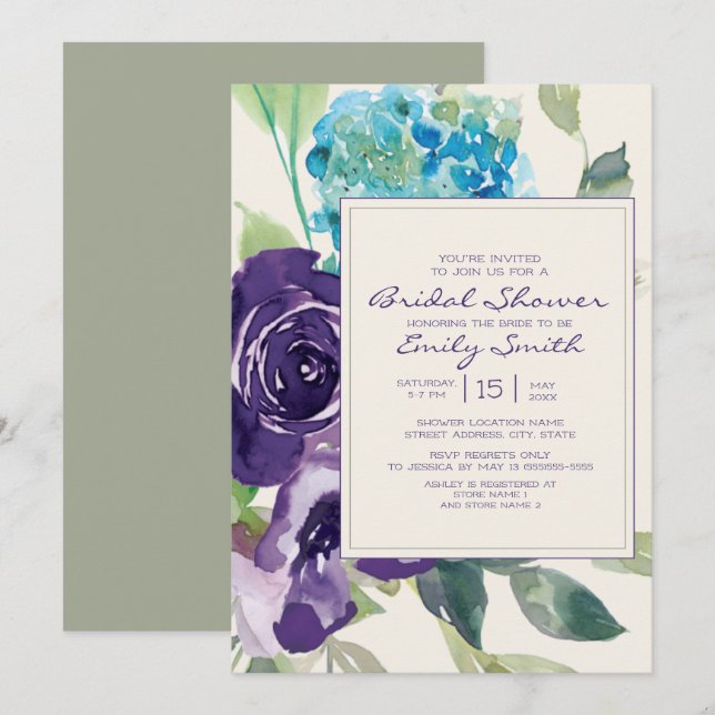 Invitation Aquarelle Plum violet Sage Fête des mariées floral (Devant / Derrière)