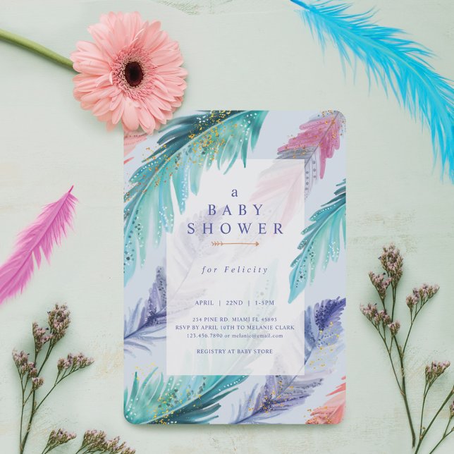 Invitation Aquarelle Plumes Chic Bohemian Baby shower garçon (Watercolor Feathers Chic Bohemian Boy Baby Shower Invitation)