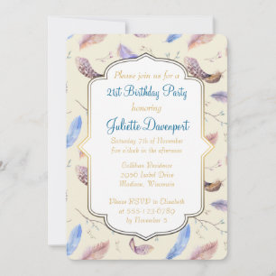 Invitation Aquarelle Plumes et cadre fantaisie Anniversaire