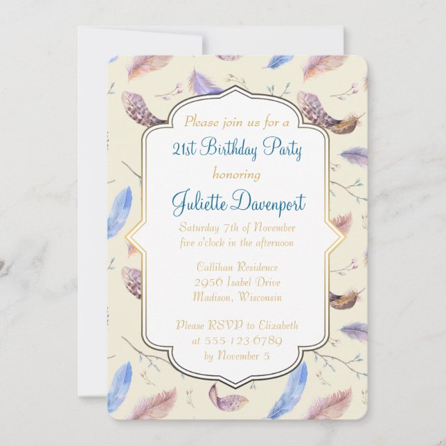 Invitation Aquarelle Plumes et Cadres Fantaisie Anniversaire (Devant)