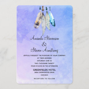 Invitation Aquarelle plumes sur bleu violet Mariage